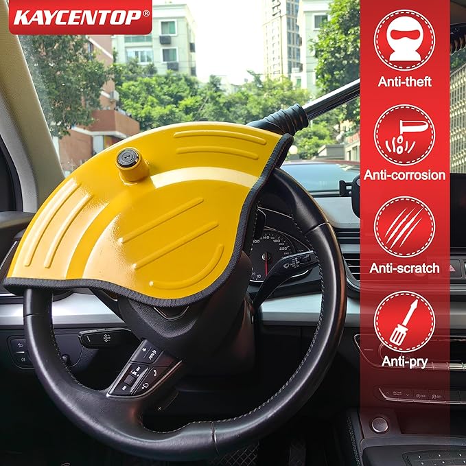 KAYCENTOP Universal Steering Wheel Lock Anti-Theft Car Devices Half Cover, Security Wheel Locks for Car, Adjustable Car Wheel Lock Fit Most Vehicle, Great Deterrent Yellow