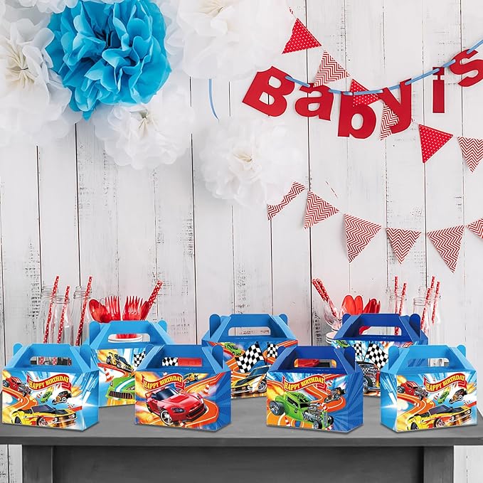 12Pcs Race Car Party Treat Boxes Hot Car Gift Box Birthday Supplies Wheels Wild Goodie Gift Boxes Race Cars Favor Box for Kid Boy Wheels Cars Birthday Baby Shower Game Party Decoration Blue