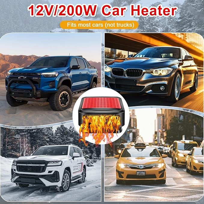 Car Heater, 200W 12V Portable Car Heater 360°Rotation 2 in 1 Heating & Cooling Fan Windshield Demisting Defroster Plug Into Cigarette Lighter for All Cars