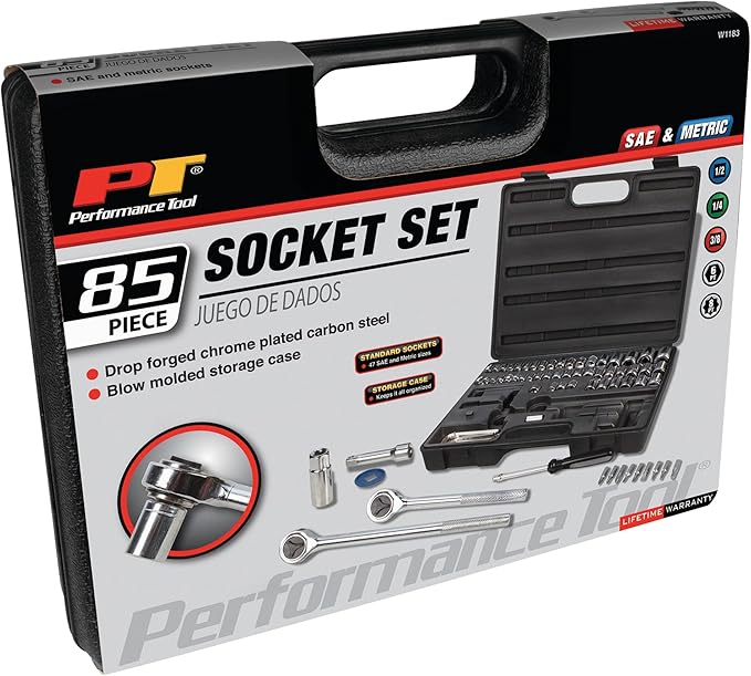 Performance Tool W1183 SAE/Metric 85-Piece Socket (1/4-Inch, 3/8-Inch & 1/2-Inch Drive) & Bet Set