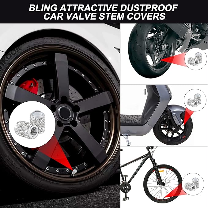 Alpmosn Car Wheel Tire Valve Caps, 4 PCS Bling Tire Valve Caps, Crystal Tire Caps Shinny Rhinestone for Women, Universal Car Dustproof Tire Valve Caps for Cars, Trucks, SUV and Motorcycles (White)