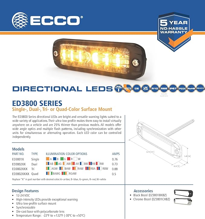 ECCO LED High-Intensity Directional Amber 0.76 amps 12V 24V Surface Mount Warning Light Waterproof Construction Caution Lights for Truck off Road car Commercial Vehicles, 5 Year Warranty