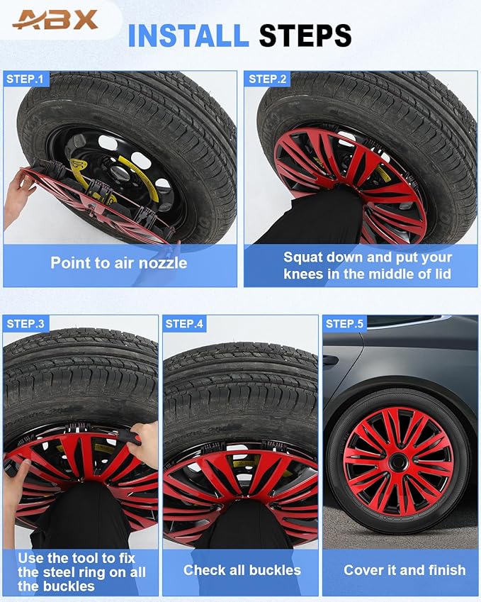 ABX Hubcap Wheel Covers Hub Caps 16 Inch Set of 4 Black & Red Universal Wheel Rim Cover R16 Stylish Car Decor Wheel Covers