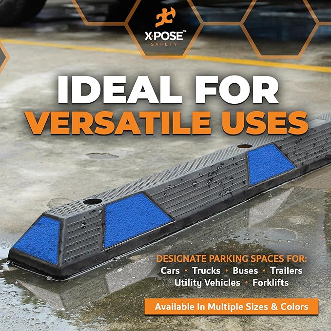 Xpose Safety 72" Heavy Duty Rubber Parking Stopper – 2 Pack Wheel Blocks for Garage, Driveway, or Ramp – Car Bumper Stop with Blue Reflective Strips – Removable Floor Mount