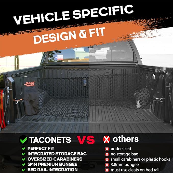 Envelope Cargo Net for Toyota Tundra - Fits 2007-Current - Patented Bed Rail Integration - Upgraded 5mm Bungee - Integrated Storage Bag - Heavy Duty Carabiners - Designed in USA