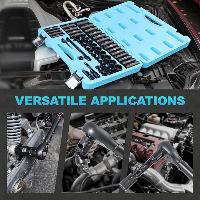 3/8 SAE and metric socket set, 50 Piece Impact Socket Set, StandardSAE (5/16 to 3/4 inch) and Metric (8-22mm) 6 Point, Extension Bars, Impact Universal Joint, Adapter, Cr-V Steel