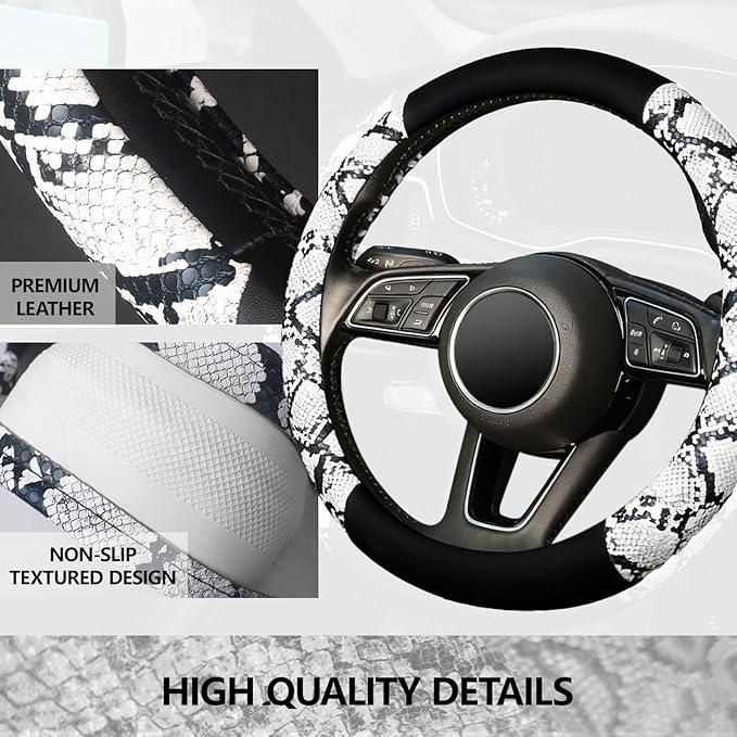 ZHOL Snake Skin Steering Wheel Cover, Universal 14.5-15 inch Breathable Microfiber Leather Anti-Slip Car Steering Wheel Protector for Women Men, Black&White