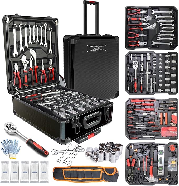 Arcwares 799pcs Aluminum Trolley Case Tool Set Silver, House Repair Kit Set, Household Hand Tool Set, with Tool Belt,Gift on Father's Day (Black)