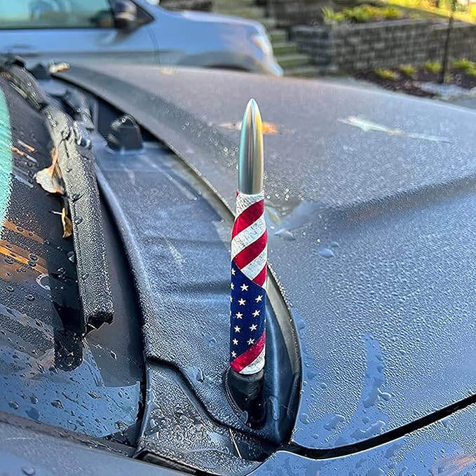 Car Truck Bullet Antenna with Valve Stem Caps, Universal Antenna Mast for GM Chevy Silverado 1500 2500 3500 HD Avalanche Ford F150 F250 F350 Heavy Duty Pickup Jeep Accessories (Red)-American Flag