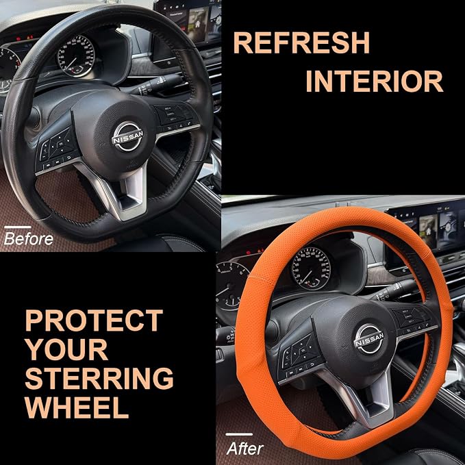 PINCTROT D Shaped Nappa Leather Steering Wheel Cover with Ergonomic Palm Support Grip, Full Perforated Breathable, Slim Fit No Bulk Design, Flat Bottom 14.5-15 Inch (Hot Orange)