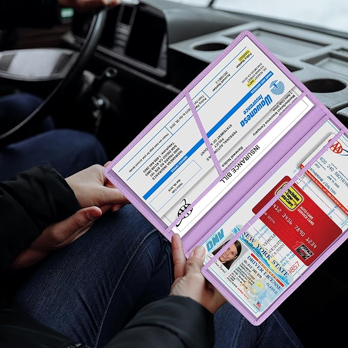 TOURSUIT Car Registration and Insurance Card Holder, Vehicle License Document Glove Box Compartment Organizer, Interior Car Accessories for Women Men Teens (Purple)