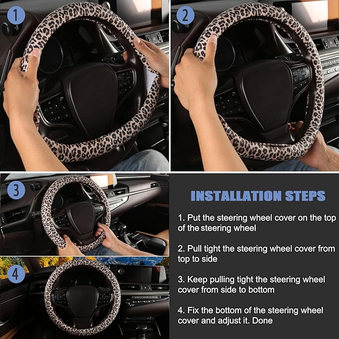 Leopard Print Steering Wheel Cover with Silicone Inner Ring, Non-Toxic, Odorless Silicone Leather with Non-Fading Cheetah Pattern for Men Women, Universal 14.5 to 15 Inch (Leopard Print)