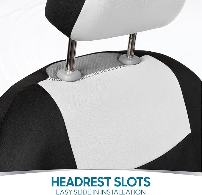 BDK PolyPro Car Seat Covers Full Set in White on Black, Front and Rear Split Bench Seat Covers for Cars, Easy to Install Car Seats Cover Set and Accessories for Auto Trucks Van SUV - White