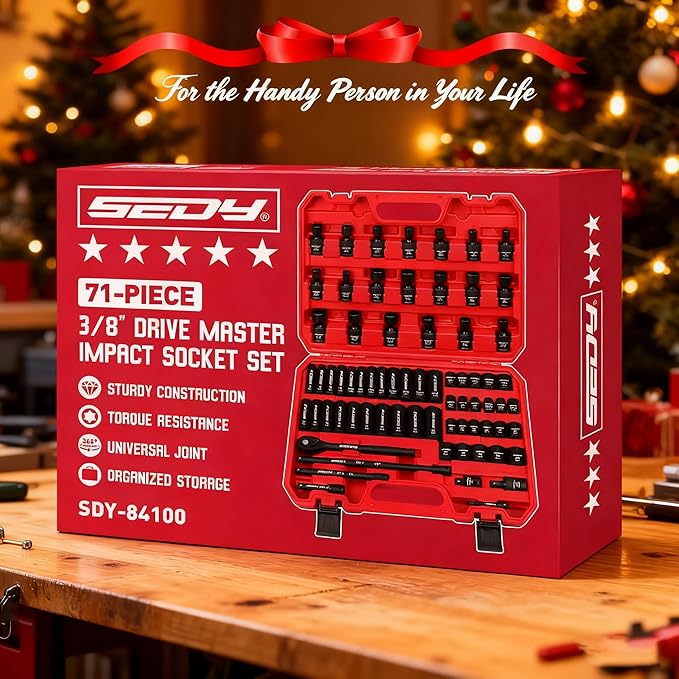 71-Piece 3/8" Drive Master Impact Socket Set, SAE and Metric, 5/16"- 3/4", 8mm - 22mm, Cr-V, Cr-MO, Universal Joint Deep Standard Sockets with Ratchet Handle, Swivel Sockets, Extension Bars, Adapters