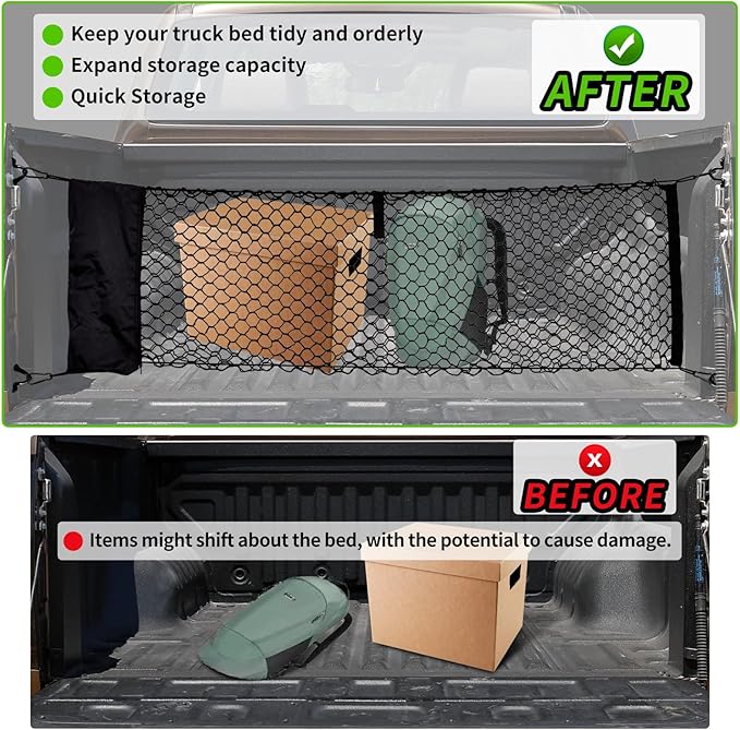 Cargo Net for Pickup Truck Bed, 50 x 17.7 inches, Compatible with Ford F150, F150/F250, Chevy Silverado, GMC Sierra - Upgraded Storage Bag
