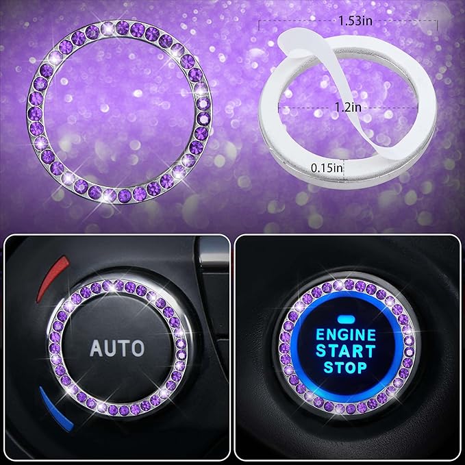 CAR PASS Bling Diamond Leather Car Seat Covers 11 PCS, Sparkly Rhinestone Steering Wheel Cover Glitter Cute Interior Car Accessories Sets Seat Belt Cushion Cup Holder Coaster Women Girl, Violet Purple