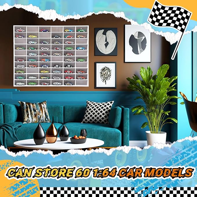 Seenelling Wooden Display Case for Hot Diecast Wheels, 60 Spaces, Wall Mount, 1/64 Scale, Toy Car Storage Display Shelf, Model Car Storage Organizer, Cabinet for Model Collectible (White,Classic)
