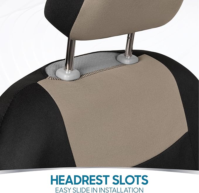BDK PolyPro Car Seat Covers Full Set in Light Beige on Black, Front and Rear Split Bench Seat Covers for Cars, Easy to Install Car Seats Cover Set and Accessories for Auto Trucks Van SUV - Light Beige