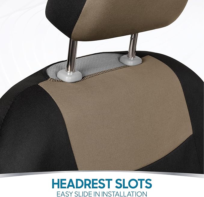 BDK PolyPro Seat Covers Full Set in Beige on Black – Front and Rear Split Bench Seat Covers for Cars, Easy to Install , Car Accessories for Auto Trucks Van SUV