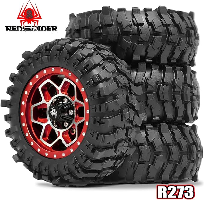REDSPIDER Metal 1.9'' Beadlock Wheels and Crawler Tires OD 88MM/3.46'' (4PCS) for 1/12 RC Crawler MJX H12Y+ MN-128 MN82S LC79 (Red)