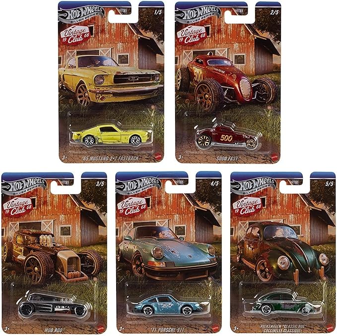 Hot Wheels Vintage Club Grand Prix Die-Cast Cars Collection, 5-Pack Set with '65 Mustang, Sooo Fast, Mod Rod, '71 Porsche 911, Volkswagen Classic Bug HRT81-956H