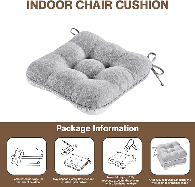 BETU Chair Cushions for Dining Chairs Set of 2,3.5" Thick Kitchen Table Chair Pads with Ties,Non Slip Backing and Covers, Seat Cushion for Dining Room,Bar,Patio Chairs,15.5"X15.5"X3.5",Light Grey