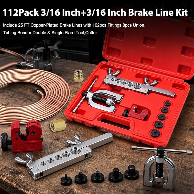 smseace 112Pack 3/16 Inch+3/16 Inch Double & Single Brake Line Flaring Tool Kit include 25 FT Copper-plated Brake Lines with Fittings,Union,Tubing Bender,Flare Tool,Cutter Brake Line Repair Kit
