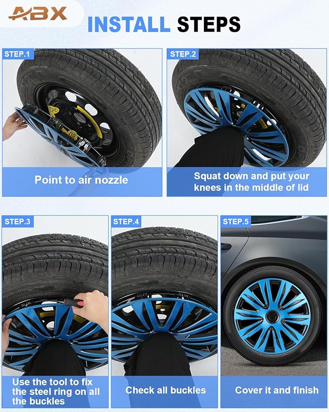 ABX Hubcap Wheel Covers Hub Caps 16 Inch Set of 4 Black & Blue Universal Wheel Rim Cover R16 Stylish Car Decor Wheel Covers