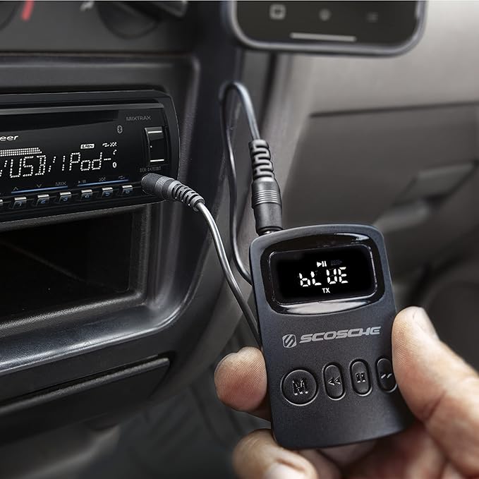 Scosche BTTRFM-SP1 Portable Bluetooth Transmitter/Receiver, FM Transmitter and Wireless Audio Receiver for TV, Headphones, Home/Car Stereo, Airplane Entertainment and more, up to 7 Hour Battery Life