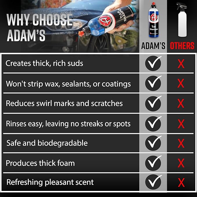 Adam's Car Shampoo 16oz, 2pk - pH Best Biodegradable Car Wash Soap for Foam Cannon, Spray Gun or Bucket - High Foam, Scratch-Free Auto Detailing for Cars, Trucks, RVs & Motorcycles
