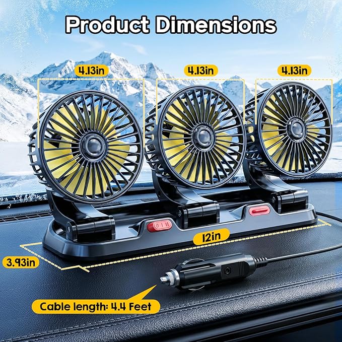 Portable 3-Head Car Cooling Fan, Fans for Vehicles Cars Trucks Dashboard (Cigarette Lighter Plug, No Battery)