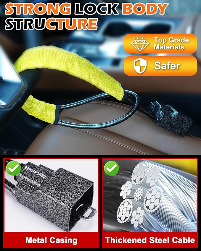 Tevlaphee Steering Wheel Lock Seat Belt Lock Universal Anti Theft Car Device Car Lock Car Theft Prevention with 3 Keys for Car Security Fit Most Vehicles Truck SUV Van (Yellow)