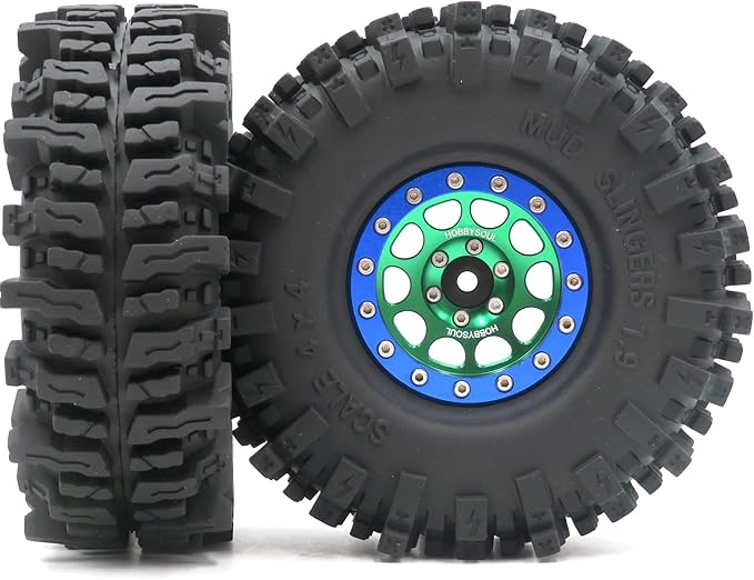 HOBBYSOUL Soft Sticky 1.9 Mud Slingers Tires T8 Tyre 120mm/4.72inch & 1.9 Beadlock Wheels Green Blue Color For 1/10 Rock Crawler Traxxas TRX4 Axial SCX10 Redcat Gen8, (4-Pack)
