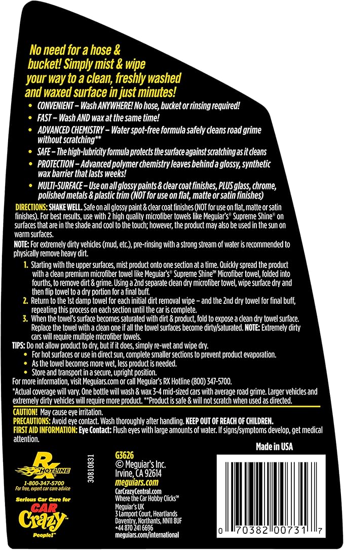 Meguiar's Ultimate Waterless Wash & Wax - Scratch-Free Waterless Car Wash That Makes Car Detailing Quick and Easy - 26 Oz (Pack of 2)
