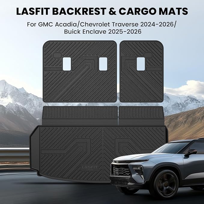 LASFIT Trunk Mat with Backrest Mat for Chevrolet Chevy Traverse 2024-2026 & GMC Acadia 2024-2026 & Buick Enclave 2025-2026, All Weather TPE Custom Fit Cargo Mat Trunk Liner with Backrest Mat, Black