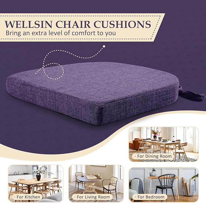 Wellsin Chair Cushions for Dining Chairs 4 Pack - Kitchen Chair Cushions with Ties and Non-Slip Backing - Dining Chair Pads 16"X16"X2", Purple