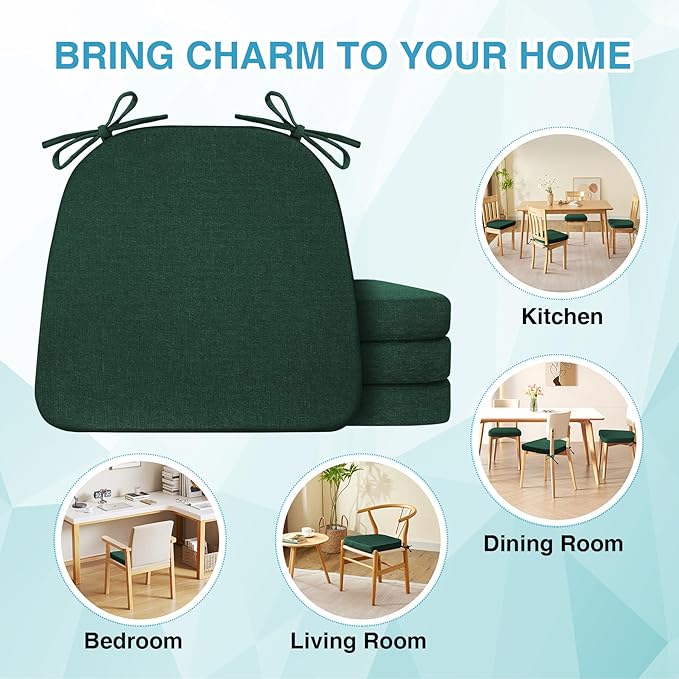 IASEAHK Chair Cushions for Dining Chairs Set of 4, Non Slip Kitchen Chair Pads, 17" x 16" x 2", Indoor Dining Chair Cushions with Ties, D-Shaped Seat Cushions for Kitchen Chairs, Dark Green