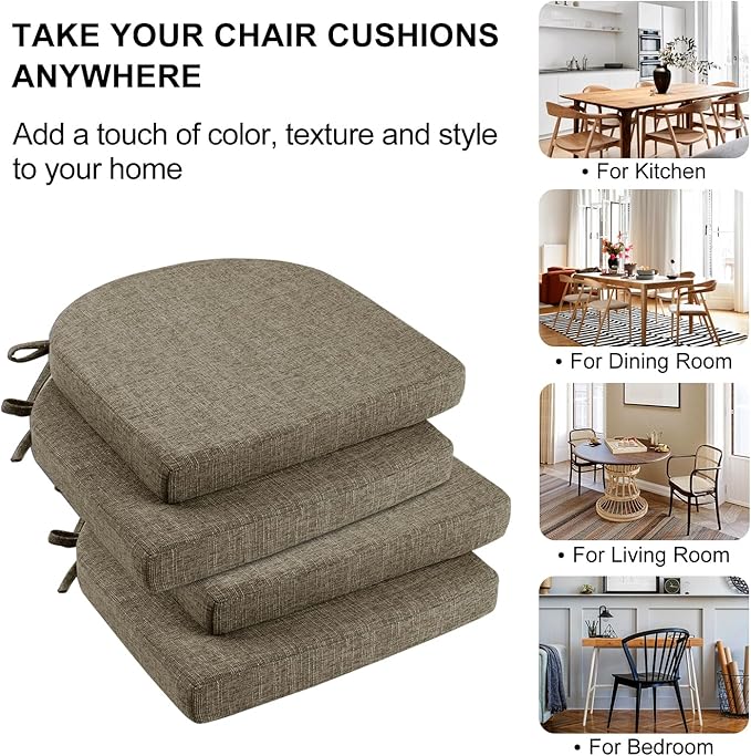Wellsin Chair Cushions for Dining Chairs 4 Pack - Kitchen Chair Cushions with Ties and Non-Slip Backing - Dining Chair Pads 16"X16"X2", Khaki