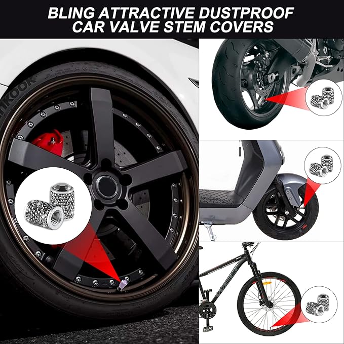 Alpmosn Car Wheel Tire Valve Caps, 4 PCS Bling Tire Valve Caps, Crystal Tire Caps Shinny Rhinestone for Women, Universal Car Dustproof Tire Valve Caps for Cars, Trucks, SUV and Motorcycles (Gray)