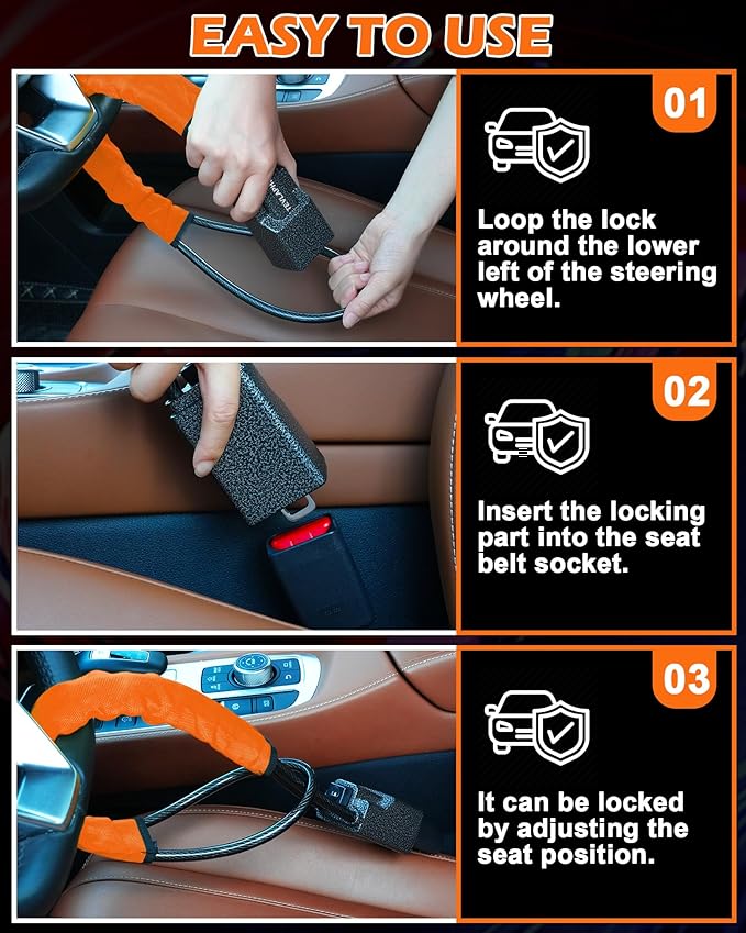 Tevlaphee Steering Wheel Lock Seat Belt Lock Universal Anti Theft Car Device Car Lock Car Theft Prevention with 3 Keys for Car Security Fit Most Vehicles Truck SUV Van (Orange)