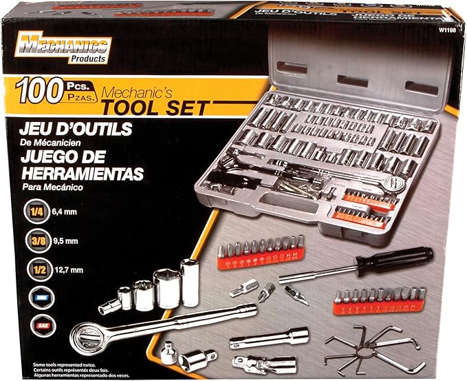 Performance Tool W1198 SAE/Metric 100-Piece Socket (1/4-Inch, 3/8-Inch & 1/2-Inch Drive) and Bit Set