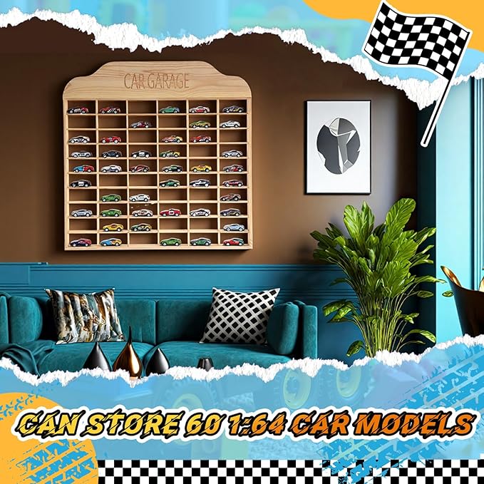 Seenelling Wooden Display Case for Hot Diecast Wheels, Wall Mount, 1/64 Scale, Toy Car Storage Display Shelf, Model Car Storage Organizer, Cabinet for Model Collectible(Wood Color,60 Spaces)