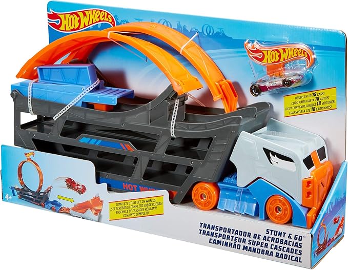 Hot Wheels Transporter Truck Mobile Playset Large Loop Collapsible Launcher Room for 18 Die-Cast 1:16 Vehicles Ages 3 and Up