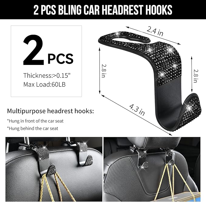 CAR PASS 34 PCS Bling Diamond Car Accessories Set for Women, Leather Car Seat Covers Steering Wheel Covers 15'', USB Charger Phone Holder Shining Rhinestone Sparkly, Cute Interior Decorations, Black