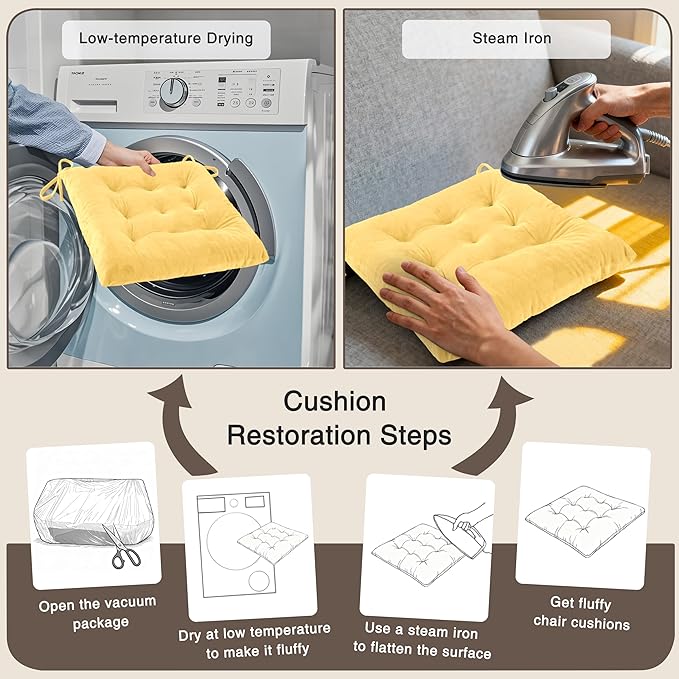 OVOV 4 Pack Chair Cushions for Dining Chairs Soft Seat Cushions for Kitchen Desk Chairs Square Chair Pads with Ties (15.5"x15.5" Pastel Yellow)