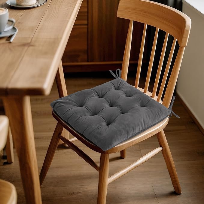 ELFJOY Set of 4 Square Chair Pads Indoor Seat Cushions Pillows with Ties Thick Soft Seat Cushion for Kitchen Dining Office Chair (18", Grey)