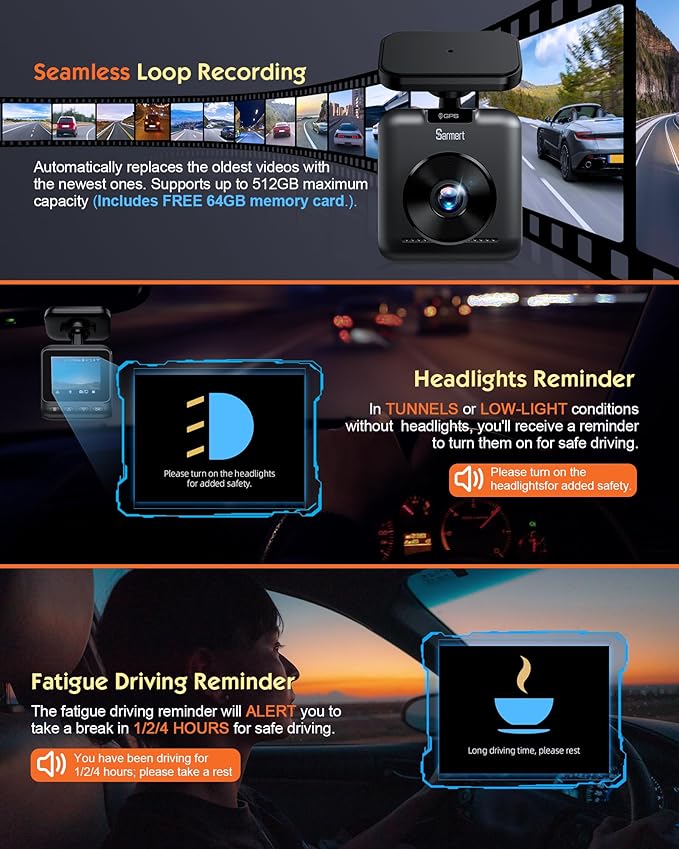 Sarmert C2 4K Dual Dash Cam Front and Rear - Built-in GPS and 5G WiFi, Free 64GB Card Included, 4K UHD Dash Camera for Cars, Night Vision, WDR, Loop Recording, App Control, 24H Parking Mode