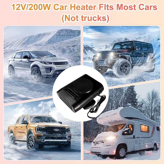 Car Heater Fan, 12V 200W Fast Heating and Cooling Fan Portable Windshield Defogger and Defroster Plug into Cigarette Lighter for Car RV SUV (Black Black)
