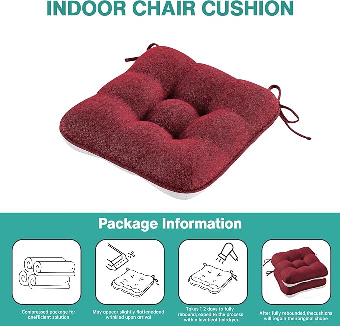 BETU Chair Cushions for Dining Chairs Set of 2,3.5" Thick Kitchen Table Chair Pads with Ties,Non Slip Backing and Covers, Decor Seat Cushion for Dining Room,Bar,Patio Chairs,15.5"X15.5"X3.5",Red
