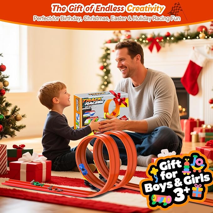 Flexible Race Track Toys for Kids: 15 Ft Rolls Up DIY Racetrack with 4 Cars & 10 Suction Cups - Compatible with Hot Wheels and Diecast 1/64th Cars - Birthday Gifts for Age 3-8 Years Old Boys Girls
